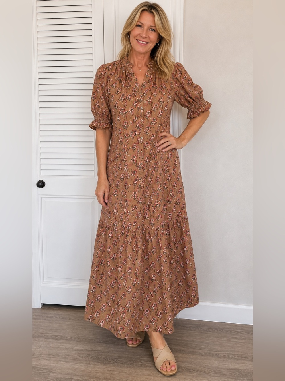 Erica Wilson Nantucket Floral Puff Sleeve Midi Dress XS Cottagecore Boho